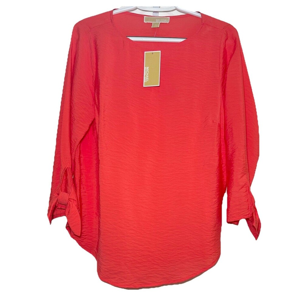 Michael Kors Tie Sleeve Blouse Coral Sangria Textured NWT Size Small